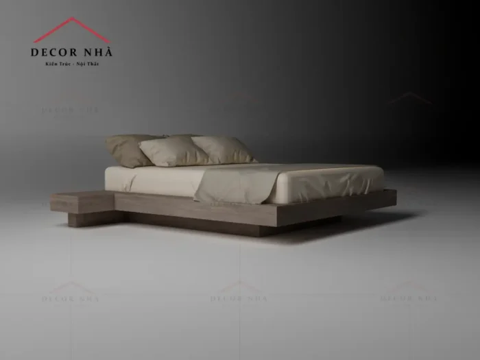Giường Vân Gỗ MDF Kết Hợp Với Tủ Đầu Giường