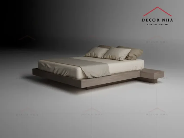 Giường Vân Gỗ MDF Kết Hợp Với Tủ Đầu Giường